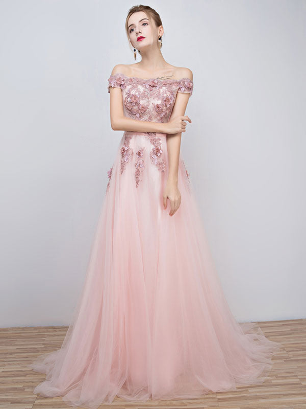 Pink Evening Dresses  Long Tulle Off The Shoulder evening dress Lace Applique Beading Flower Occasion Dress With Train