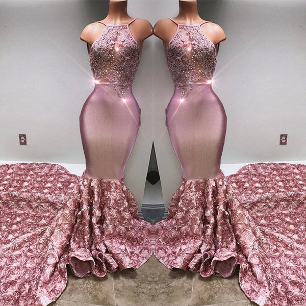 Buy high quality discount Elegant dresses from  Ballbella. Gorgeous Pink Flowers Mermaid Halter Sleeveless Evening Gown. Shipping worldwide,  custom made all sizes & colors. SHOP NOW.