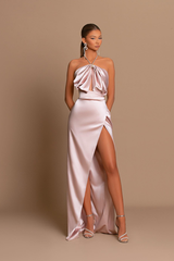 Gorgeous Pink Halter Prom Dress Mermaid Sleeveless With Slit-Ballbella