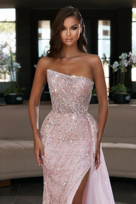 Gorgeous Pink Sequins Sleeveless Long Mermaid Prom Dress Split Online-Ballbella