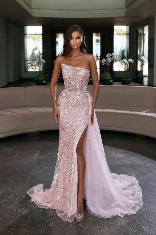 Gorgeous Pink Sequins Sleeveless Long Mermaid Prom Dress Split Online-Ballbella