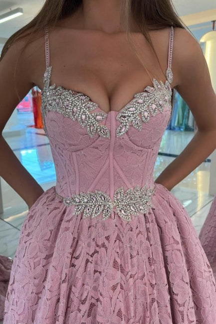 Gorgeous Pink Spaghetti-Straps Prom Dress Lace Holiday Dress Long-Ballbella