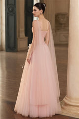 Gorgeous Pink Spaghetti-Straps Tulle Prom Dresses A-Line Ribbon Sleeveless With Beads Flower-Ballbella