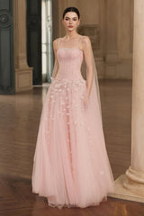 Gorgeous Pink Spaghetti-Straps Tulle Prom Dresses A-Line Ribbon Sleeveless With Beads Flower-Ballbella