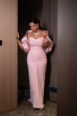 Gorgeous Pink Sweetheart Strapless Sequins Prom Dresses Detachable Wrap Sheath With Pleats-Ballbella