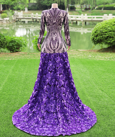 chinese dress ladies Gorgeous Purple Long Sleeves V-Neck Prom Dress Sequins with Flowers