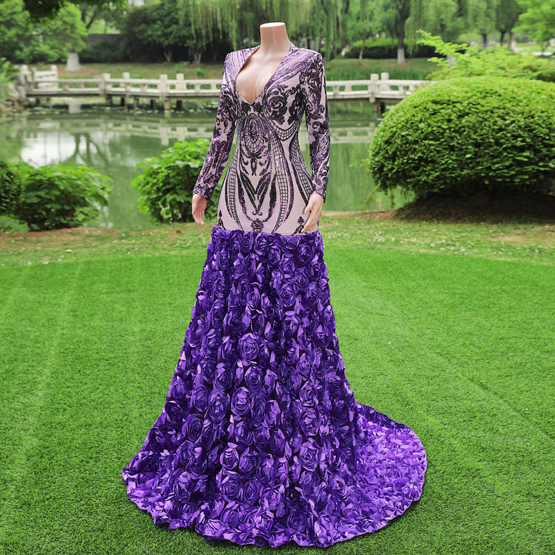 Gorgeous Purple Long Sleeves V-Neck Prom Dress Sequins With Flowers Gorgeous Purple Long Sleeves V-Neck Prom Dress Sequins With Flowers