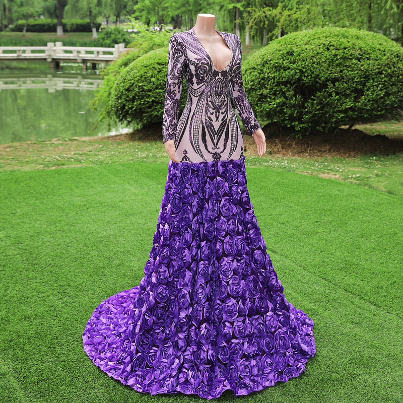 purple dress with sequins Gorgeous Purple Long Sleeves V-Neck Prom Dress Sequins With Flowers