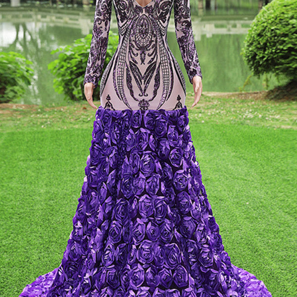 purple long sleeve prom dresses Gorgeous Purple Long Sleeves V-Neck Prom Dress Sequins With Flowers