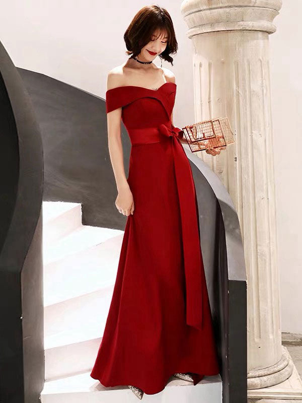Red Evening Dress  Off Shoulder Floor Length Satin Sash Social Prom Party Dresses