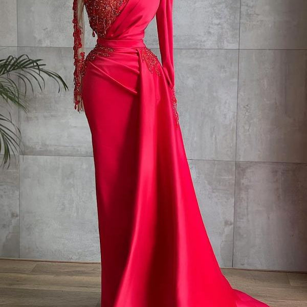 red dress with lace long sleeves Chic Fitted Evening Formal Sleeve 36 to for standout evenings or special events. Gorgeous Red Long Sleeve Mermaid