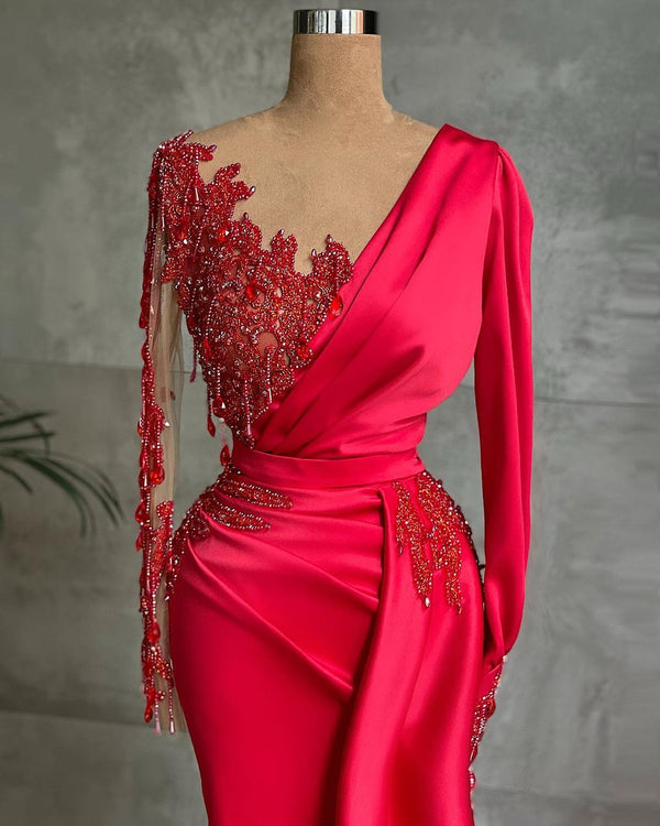 Gorgeous Red Long Sleeve Mermaid Evening Dress Lace Appliques Prom Gown Ruffles-Ballbella