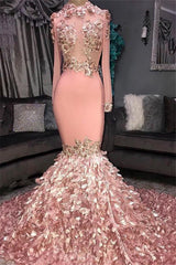 Gorgeous Round Neck Flower Long Sleevess Sequins Mermaid Prom Dresses-Ballbella