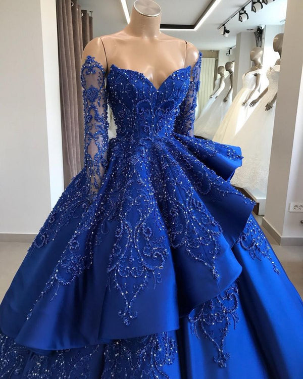 Gorgeous Royal Blue Lace Ruffled Prom Dress, Strapless Sweetheart Beads Quinceanera Dresses. Free shipping,  high quality,  fast delivery,  made to order dress. Discount price. Affordable price.