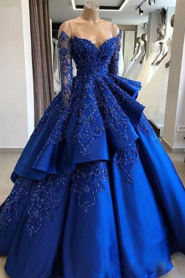 Gorgeous Royal Blue Lace Ruffled Prom Dress, Strapless Sweetheart Beads Quinceanera Dresses. Free shipping,  high quality,  fast delivery,  made to order dress. Discount price. Affordable price.