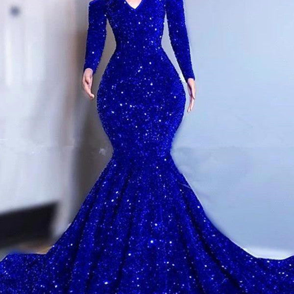 Gorgeous Royal Blue Long Sleeves Prom Dress Mermaid Long With Sequins Ballbella Gorgeous Royal Blue Long Sleeves Prom Dress Mermaid Long With Sequins Ballbella