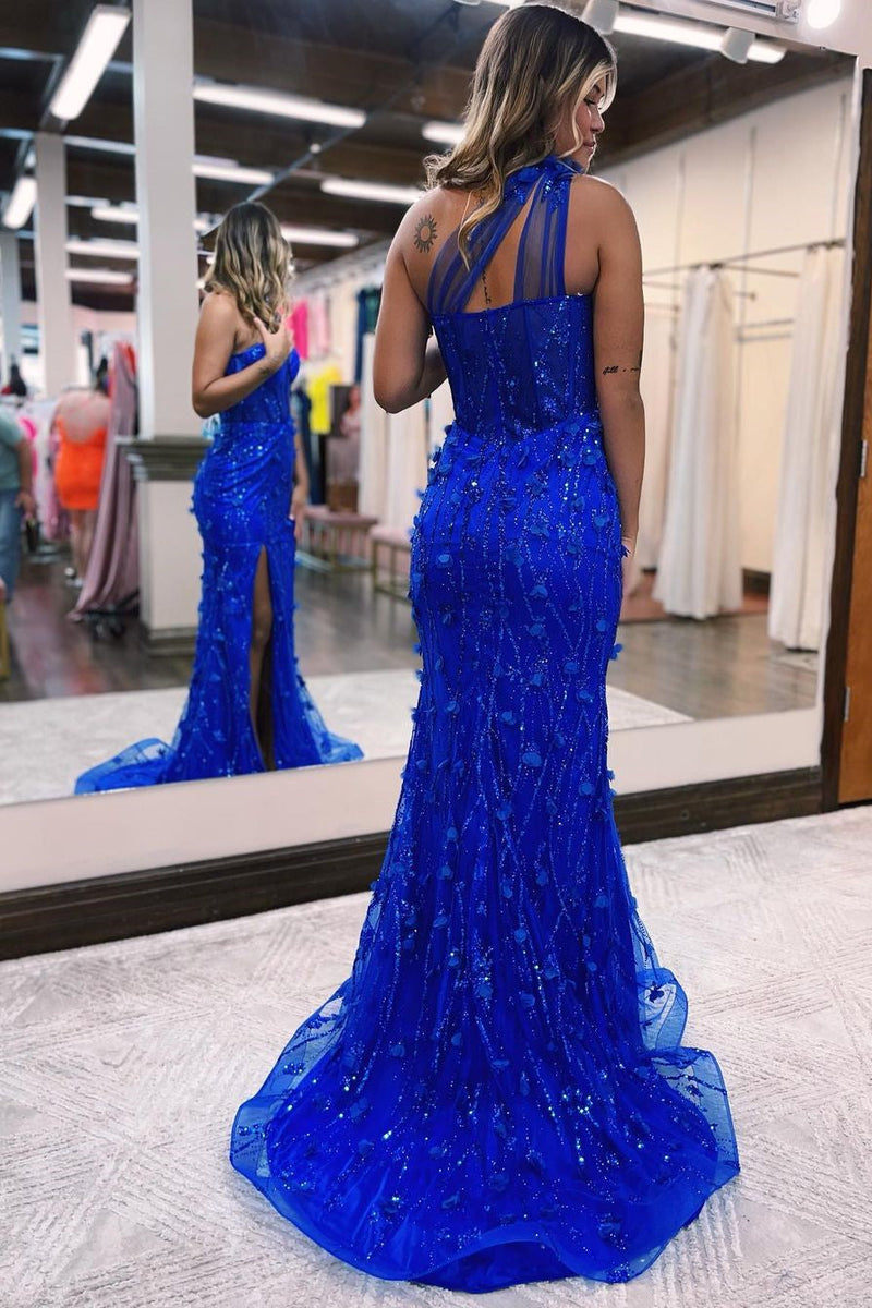 Gorgeous Royal Blue One Shoulder Mermaid Lace Prom Dress Split Online Gorgeous Royal Blue One Shoulder Mermaid Lace Prom Dress Split Online