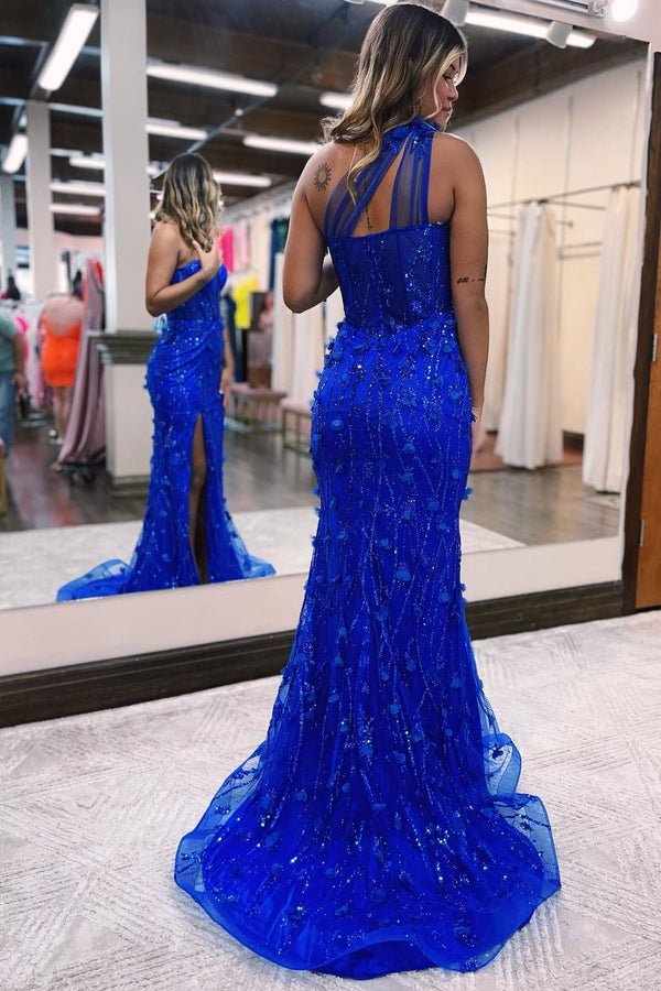 Gorgeous Royal Blue One Shoulder Mermaid Lace Prom Dress Split Online-Ballbella