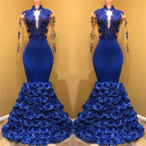 high neck V-neck Long Sleevess mermaid prom dresses with rose flowers train. Buy high quality discount formal dresses from Ballbella. Shipping worldwide,  free shipping,  custom made,  all sizes & colors.