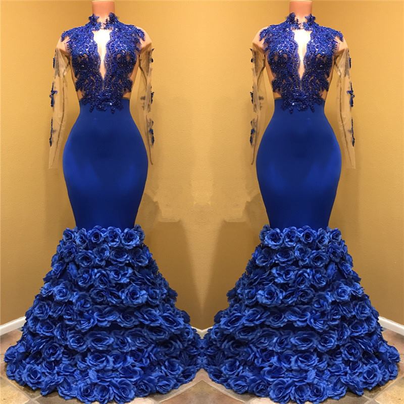 high neck V-neck Long Sleevess mermaid prom dresses with rose flowers train. Buy high quality discount formal dresses from Ballbella. Shipping worldwide,  free shipping,  custom made,  all sizes & colors.
