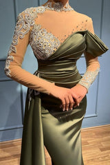 Gorgeous Sage Green High Neck Prom Dress Mermaid Long Sleeves-Ballbella