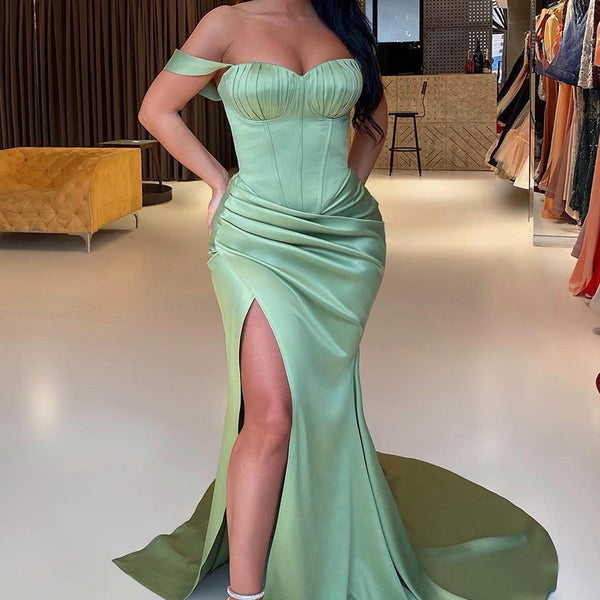 Gorgeous Sage Green Off-the-Shoulder Prom Dress Mermaid Slit  Ballbella