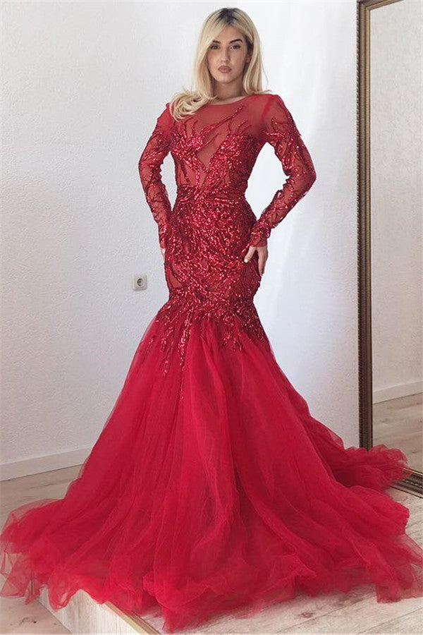 Wanna Evening Dresses in Tulle,  Mermaid style,  and delicate Sequined work? Ballbella has all covered on this elegant Gorgeous Scarlet Long Sleevess Mermaid Prom Dresses Sparkle Sequins Fit and Flare Formal Dresses yet cheap price.