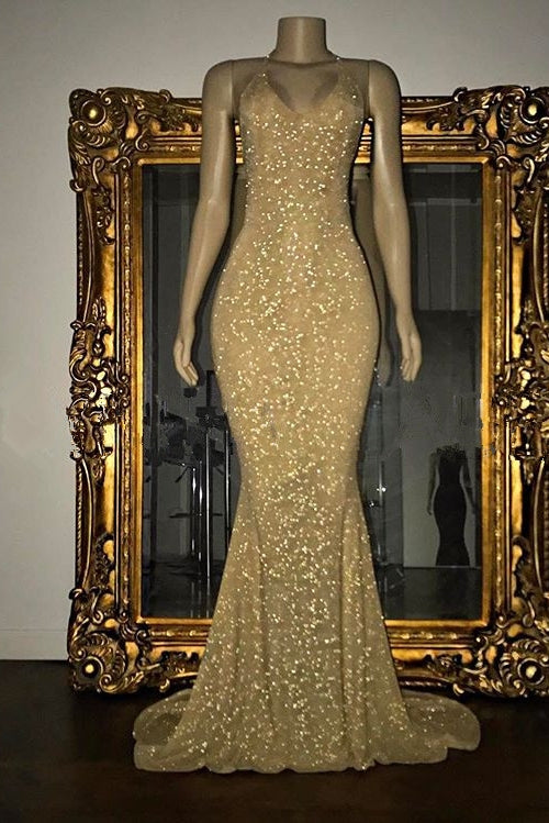 Gorgeous Sequined Mermaid Spaghetti-strap Long Sleevesless Prom Party Gowns-Ballbella