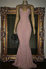 Gorgeous Sequined Mermaid Spaghetti-strap Long Sleevesless Prom Party Gowns-Ballbella