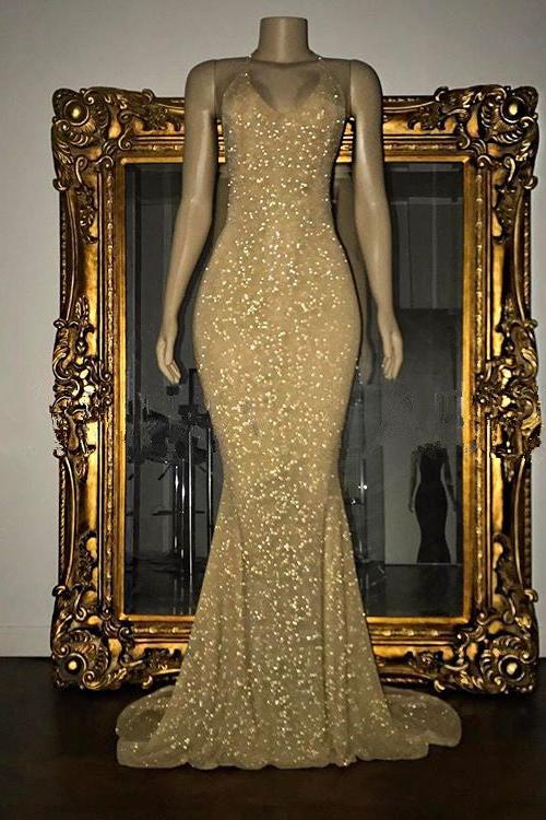 Gorgeous Sequined Mermaid Spaghetti-strap Long Sleevesless Prom Party Gowns-Ballbella