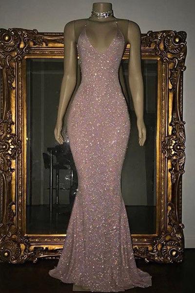 Gorgeous Sequined Mermaid Spaghetti-strap Long Sleevesless Prom Party Gowns-Ballbella