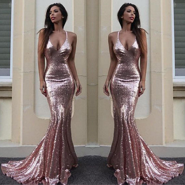 Ballbella offers Gorgeous Sequins V-Neck Mermaid Sequins Prom Party Gowns at a cheap price from  to Mermaid hem. Be the prom  belle with our Gorgeous yet affordable Sleevelessstyles .