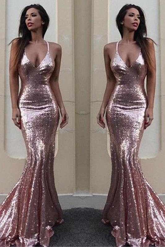 Gorgeous Sequins V-Neck Mermaid Sequins Prom Party Gowns-Ballbella