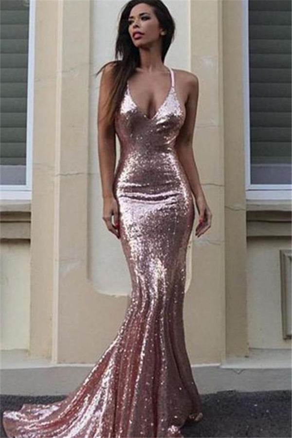 Gorgeous Sequins V-Neck Mermaid Sequins Prom Party Gowns-Ballbella