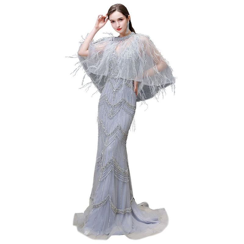 Looking for Prom Dresses, Evening Dresses, Homecoming Dresses, Quinceanera dresses in Tulle,  Mermaid style,  and Gorgeous Beading, Crystal, Feathers, Sequined, Rhinestone,  work? Ballbella has all covered on this elegant Gorgeous Silver Feather Cape Mermaid Sparkle Prom Dress.