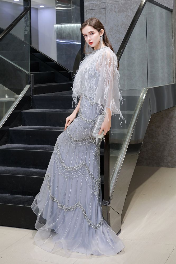 Looking for Prom Dresses, Evening Dresses, Homecoming Dresses, Quinceanera dresses in Tulle,  Mermaid style,  and Gorgeous Beading, Crystal, Feathers, Sequined, Rhinestone,  work? Ballbella has all covered on this elegant Gorgeous Silver Feather Cape Mermaid Sparkle Prom Dress.