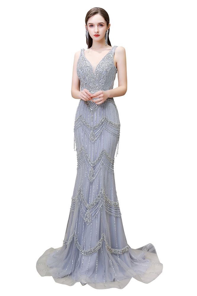 Gorgeous Silver Feather Cape Mermaid Sparkle Prom Party Gowns-Ballbella