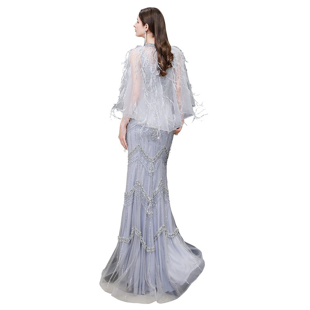 grey dress with feathers Sheath/Column Off-the-Shoulder Short Sleeves Tea-Length Unique Mother of the Bride Dresses with Feathers Gray
