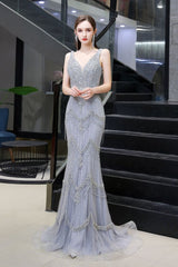 Gorgeous Silver Feather Cape Mermaid Sparkle Prom Party Gowns-Ballbella