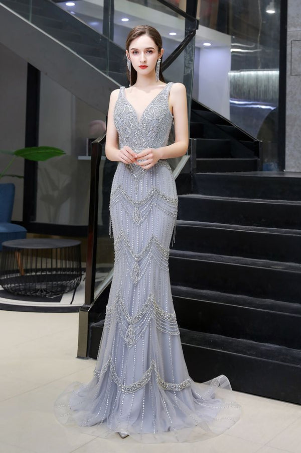 Gorgeous Silver Feather Cape Mermaid Sparkle Prom Party Gowns-Ballbella