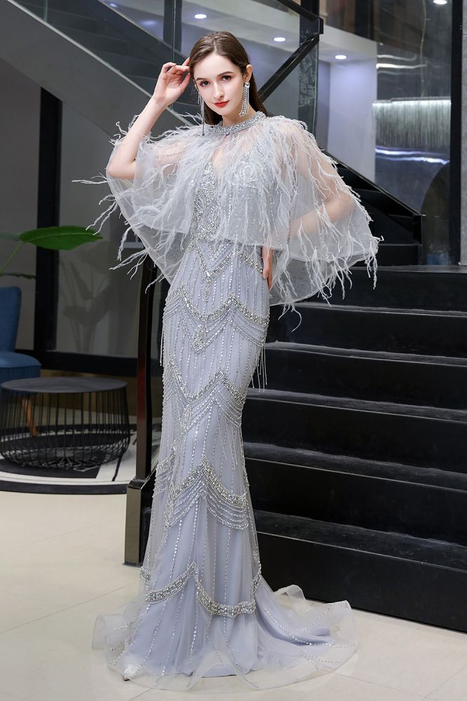 Gorgeous Silver Feather Cape Mermaid Sparkle Prom Party Gowns-Ballbella