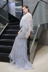Gorgeous Silver Feather Cape Mermaid Sparkle Prom Party Gowns-Ballbella