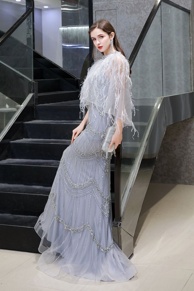 Gorgeous Silver Feather Cape Mermaid Sparkle Prom Party Gowns-Ballbella