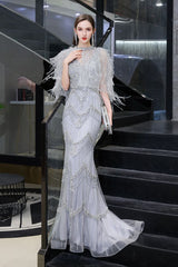 Gorgeous Silver Feather Cape Mermaid Sparkle Prom Party Gowns-Ballbella