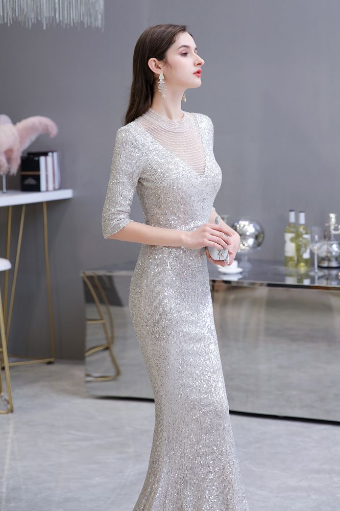 Looking for Prom Dresses, Evening Dresses, Homecoming Dresses, Quinceanera dresses in Tulle, Sequined,  Mermaid style,  and Gorgeous Beading, Buttons, Sequined work? Ballbella has all covered on this elegant Gorgeous Silver Long Sleevess Long Prom Dress.