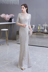 Gorgeous Silver Long Sleevess Long Prom Party Gowns-Ballbella