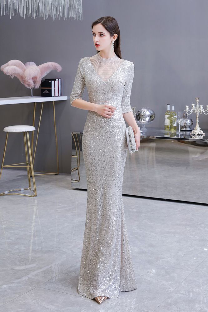 Gorgeous Silver Long Sleevess Long Prom Party Gowns-Ballbella