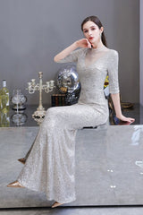 Gorgeous Silver Long Sleevess Long Prom Party Gowns-Ballbella