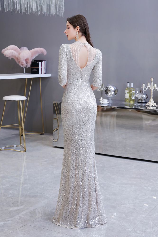 Gorgeous Silver Long Sleevess Long Prom Party Gowns-Ballbella
