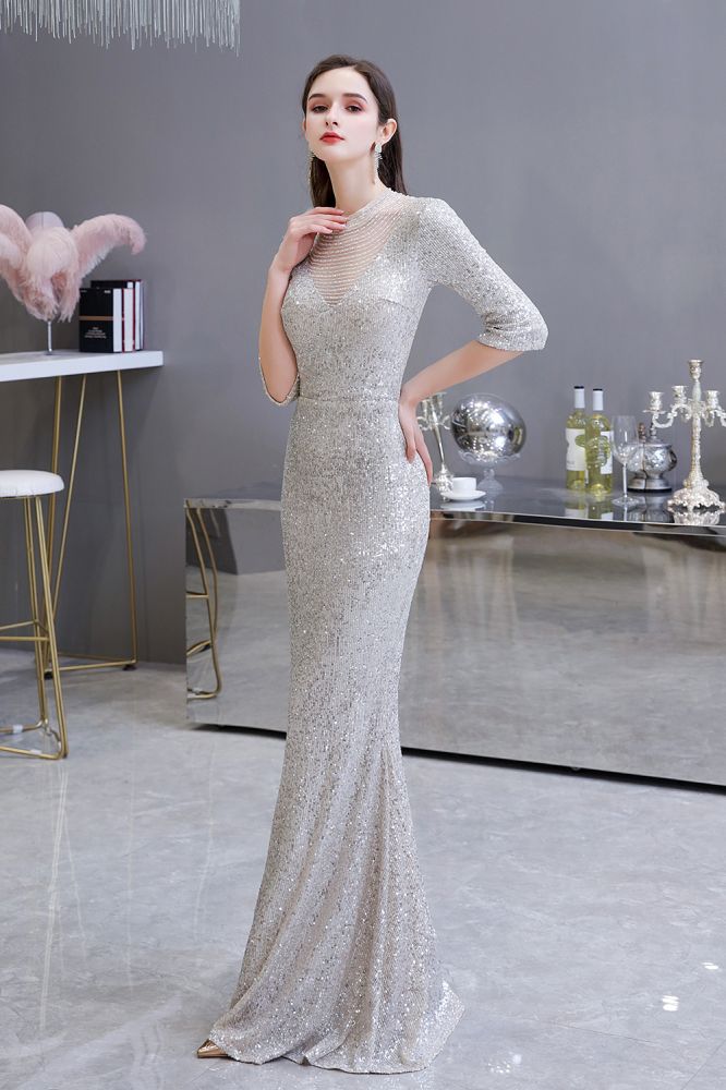 Gorgeous Silver Long Sleevess Long Prom Party Gowns-Ballbella